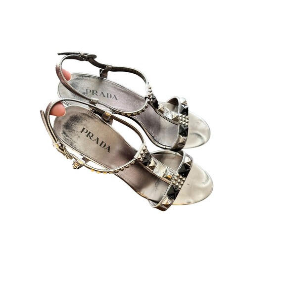 Prada 38 Patent Leather T-Strap Silver Studded crystals Accents Block Sandals - Picture 11 of 15